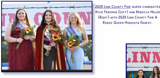 2025 Linn County Fair queen candidates Kylie Freeman (Left) and Rebecca Miller (Right) with 2025 Linn County Fair & Rodeo Queen Maddisyn Ernest.